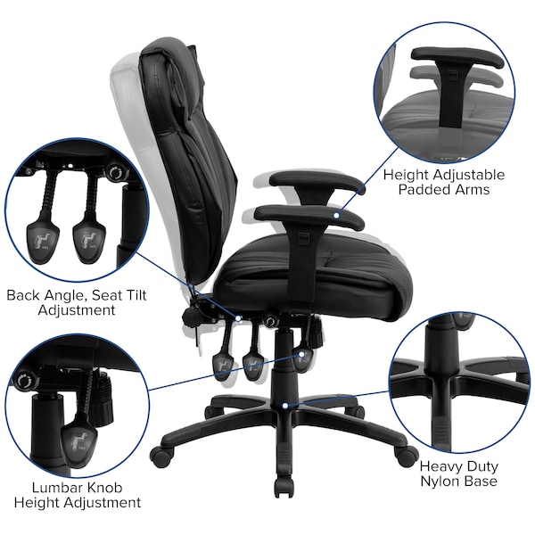 Flash Furniture Contemporary Chair Black High Back Exec Chair, Adjustable Arms, 17-1/2" to 21" Height, Leather - BT-9835H-GG