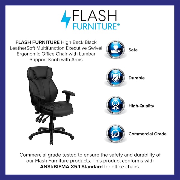 Flash Furniture Contemporary Chair Black High Back Exec Chair, Adjustable Arms, 17-1/2" to 21" Height, Leather - BT-9835H-GG