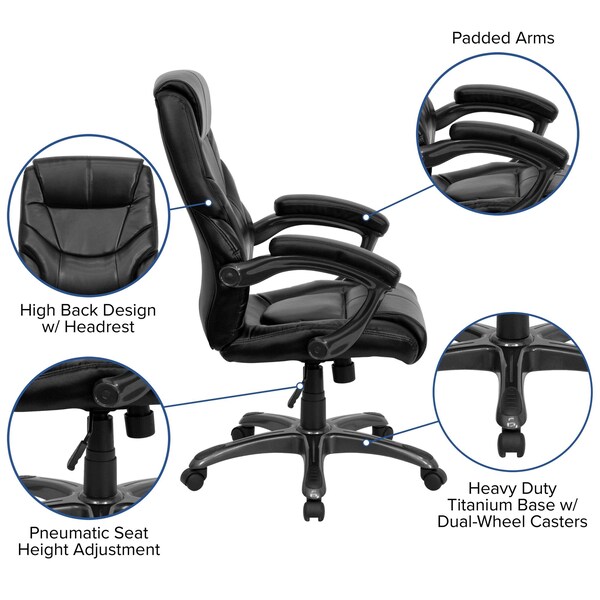 Flash Furniture Contemporary Chair Black High Back Exec Chair, Fixed Arms, 18" to 21-1/2" Height, Leather, Black - GO-724H-BK-LEA-GG
