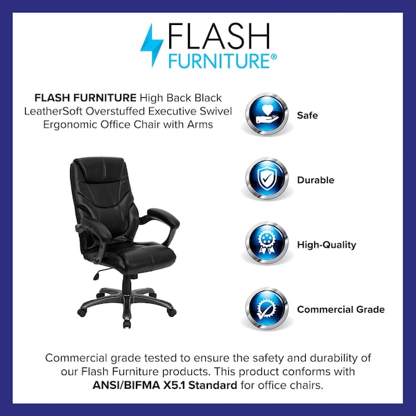 Flash Furniture Contemporary Chair Black High Back Exec Chair, Fixed Arms, 18" to 21-1/2" Height, Leather, Black - GO-724H-BK-LEA-GG