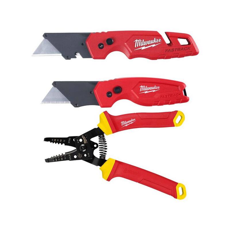 Milwaukee FASTBACK Folding Utility Knife & Compact Utility Knife w/1000V Insulated 10-20 AWG Wire Stripper/Cutter (3-Piece) - 48-22-1503-48-22-2214