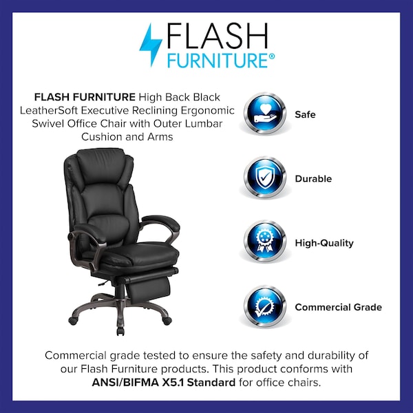 Flash Furniture Contemporary Chair Black Reclining Exec Chair, Fixed Arms, 20" to 24" Height, Leather, Black - BT-90279H-GG