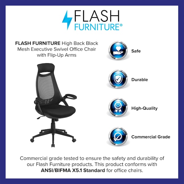 Flash Furniture Contemporary Chair High Back Exec Mesh Chair, Black, Adjustable Arms, 18-1/2" to 21" Height, Mesh - HL-0018-GG