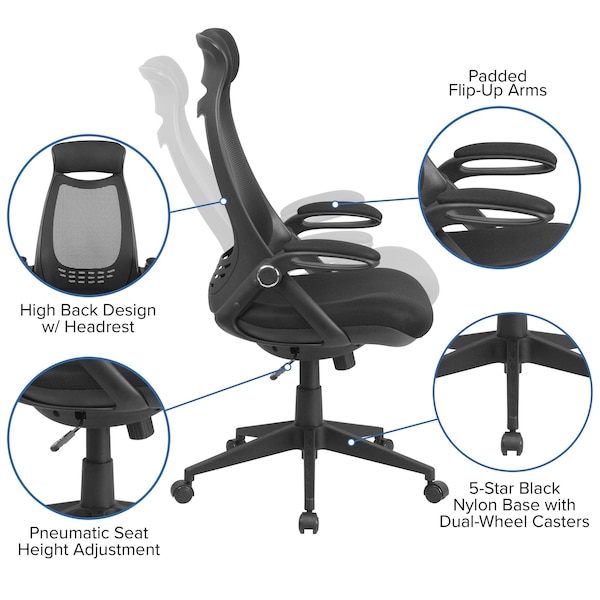 Flash Furniture Contemporary Chair High Back Exec Mesh Chair, Black, Adjustable Arms, 18-1/2" to 21" Height, Mesh - HL-0018-GG
