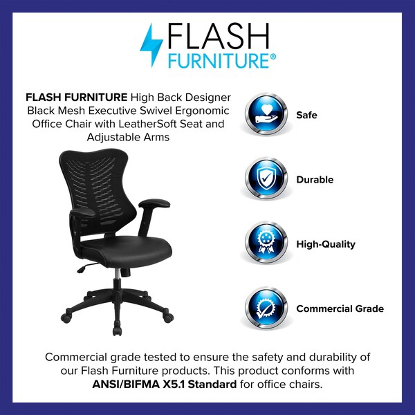 Flash Furniture Contemporary Chair Black High Back Exec Lea Chair, Adjustable Arms, 17-1/2" to 21-3/4" Height, Mesh - BL-ZP-806-BK-LEA-GG