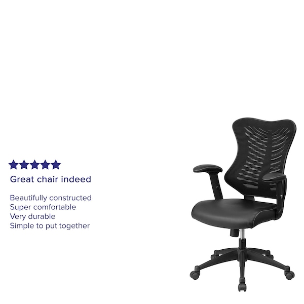 Flash Furniture Contemporary Chair Black High Back Exec Lea Chair, Adjustable Arms, 17-1/2" to 21-3/4" Height, Mesh - BL-ZP-806-BK-LEA-GG