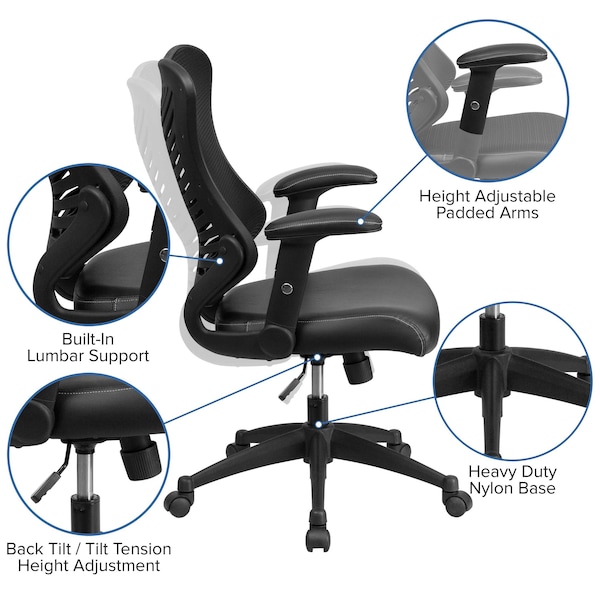 Flash Furniture Contemporary Chair Black High Back Exec Lea Chair, Adjustable Arms, 17-1/2" to 21-3/4" Height, Mesh - BL-ZP-806-BK-LEA-GG