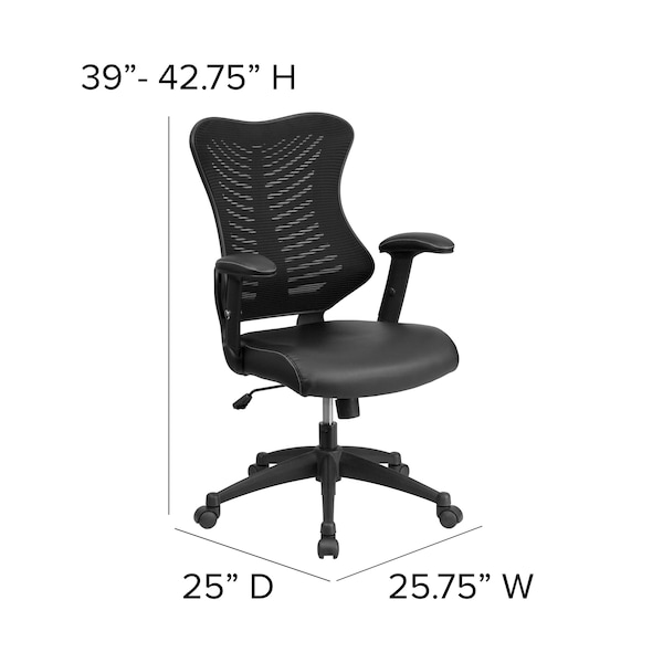Flash Furniture Contemporary Chair Black High Back Exec Lea Chair, Adjustable Arms, 17-1/2" to 21-3/4" Height, Mesh - BL-ZP-806-BK-LEA-GG