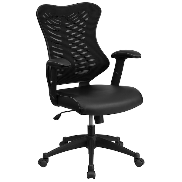Flash Furniture Contemporary Chair Black High Back Exec Lea Chair, Adjustable Arms, 17-1/2" to 21-3/4" Height, Mesh - BL-ZP-806-BK-LEA-GG