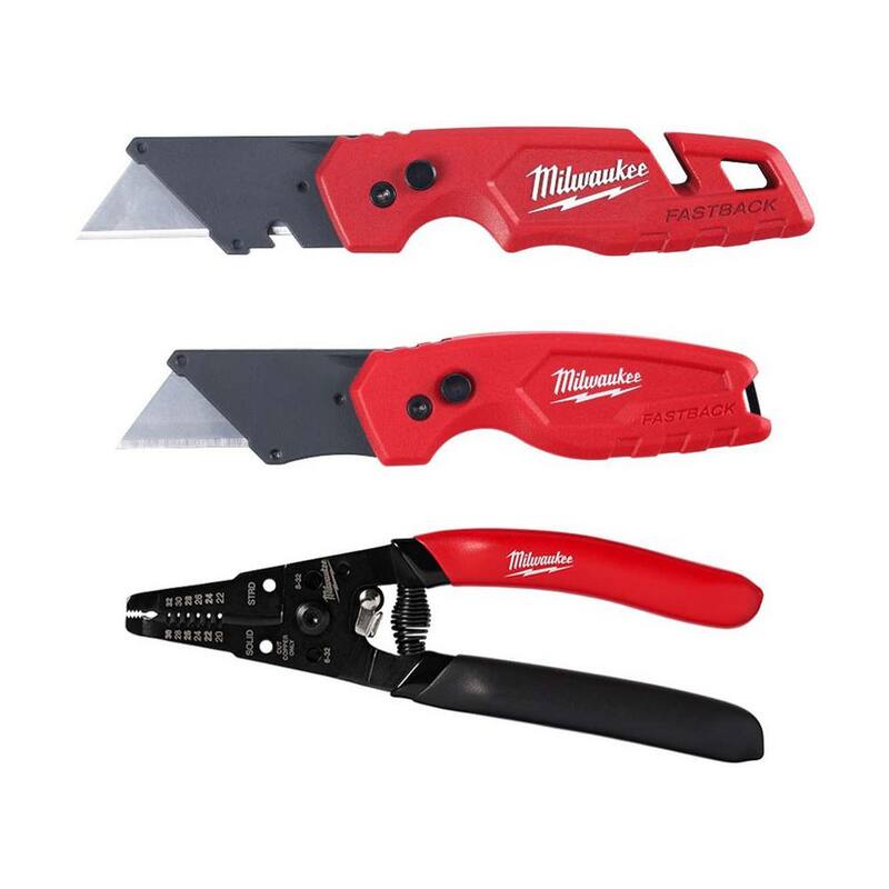 Milwaukee FASTBACK Folding Utility Knife and Compact Folding Utility Knife w/20-32 AWG Low Voltage Wire Stripper/Cutter (3-Piece) - 48-22-1503-48-22-3080