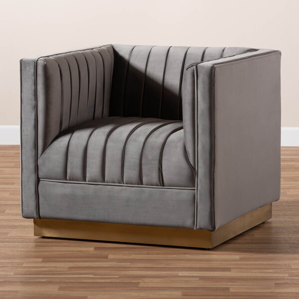 Baxton Studio Aveline Grey Velvet Upholstered Brushed Gold Finished Armchair - 157-9787