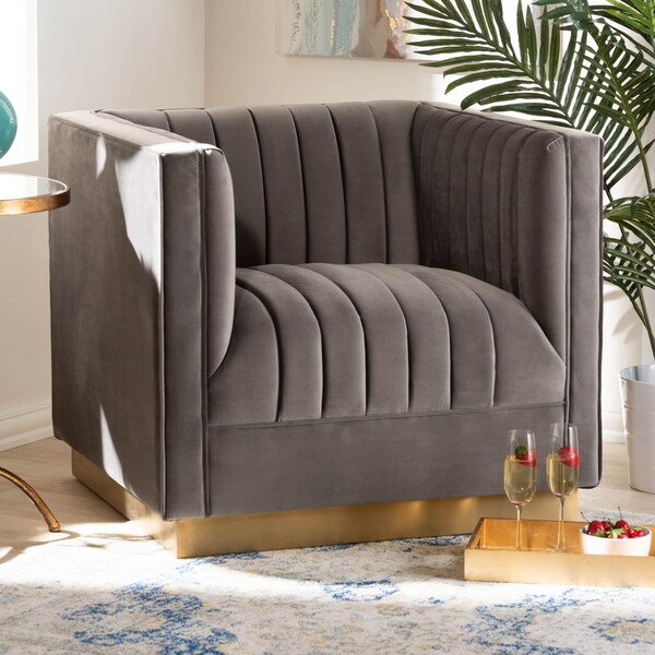 Baxton Studio Aveline Grey Velvet Upholstered Brushed Gold Finished Armchair - 157-9787