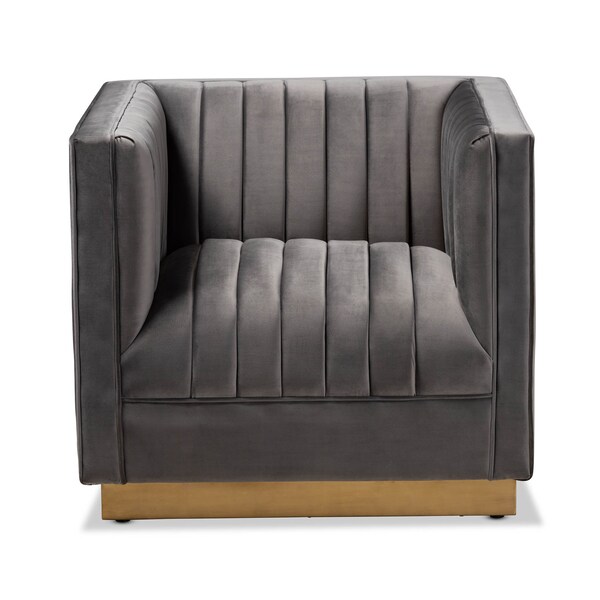 Baxton Studio Aveline Grey Velvet Upholstered Brushed Gold Finished Armchair - 157-9787