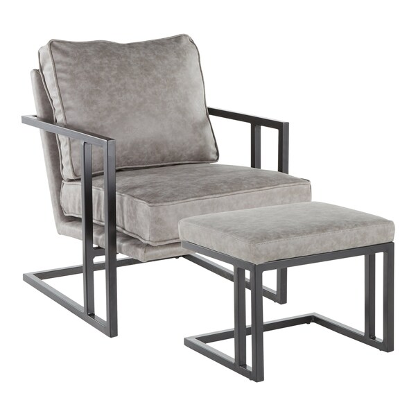 Lumisource Roman Lounge Chair and Ottoman in Black Metal and Grey Faux Leather - C2-ROMAN BKGY