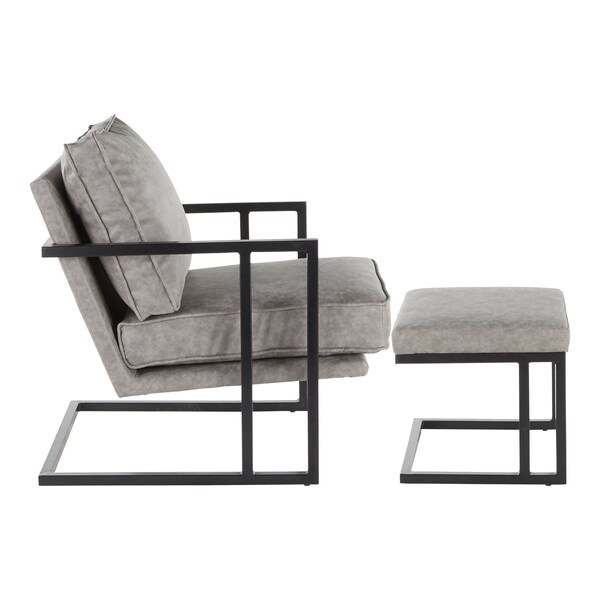 Lumisource Roman Lounge Chair and Ottoman in Black Metal and Grey Faux Leather - C2-ROMAN BKGY