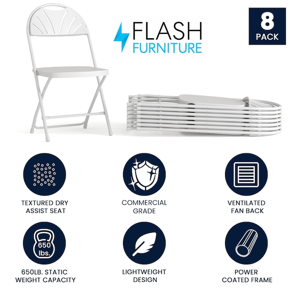 Flash Furniture White Plastic Folding Chair - 8-LE-L-4-WHITE-GG