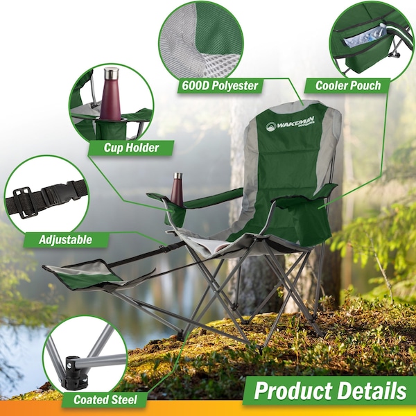 Wakeman Camping Chair with Foot Rest - 300lb Capacity Chair with Cooler & Cupholder by Wakeman Green - 75-CMP1125