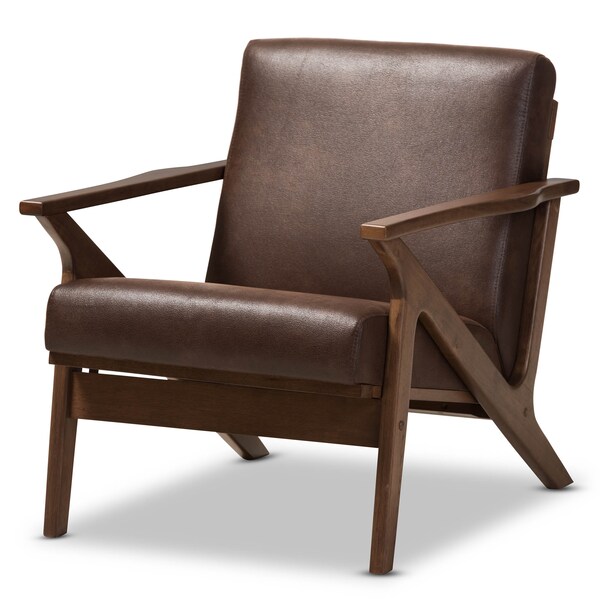 Baxton Studio Bianca Walnut Wood Dark Brown Distressed Faux Leather Lounge Chair - 140-7544