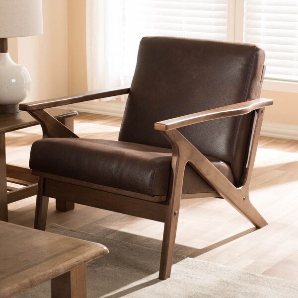 Baxton Studio Bianca Walnut Wood Dark Brown Distressed Faux Leather Lounge Chair - 140-7544