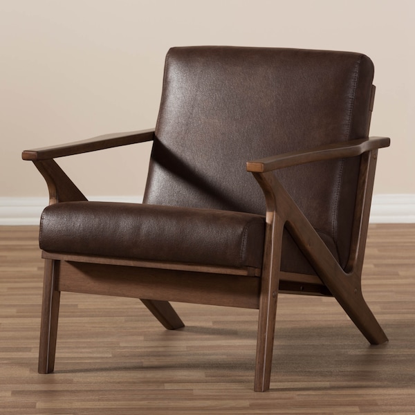 Baxton Studio Bianca Walnut Wood Dark Brown Distressed Faux Leather Lounge Chair - 140-7544