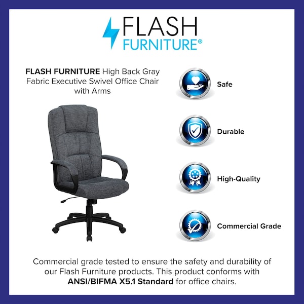 Flash Furniture Contemporary Chair Gray High Back Exec Chair, Fixed Arms, 19-3/4" to 22-3/4" Height, Polypropylene - BT-9022-BK-GG
