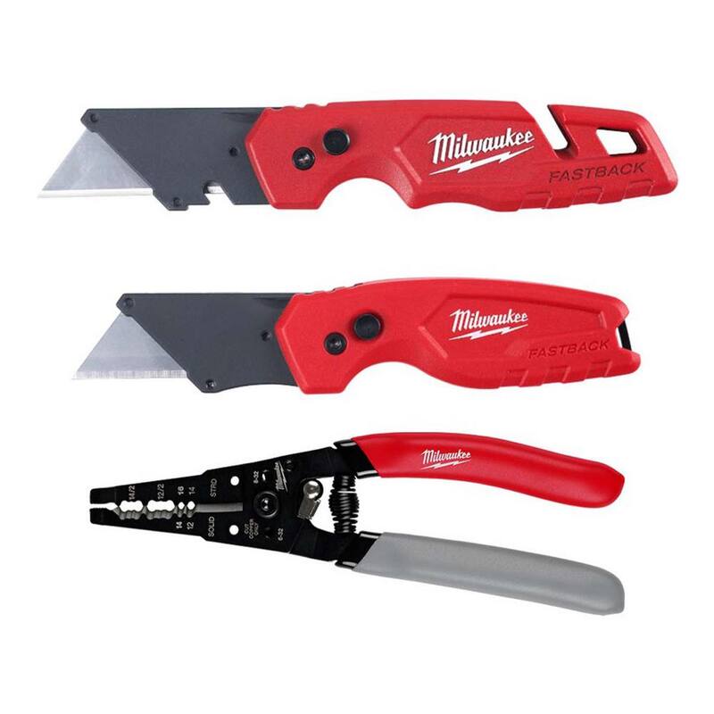 Milwaukee FASTBACK Folding Utility Knife and Compact Folding Utility Knife with 12-16 AWG NM Wire Stripper and Cutter (3-Piece) - 48-22-1503-48-22-3081