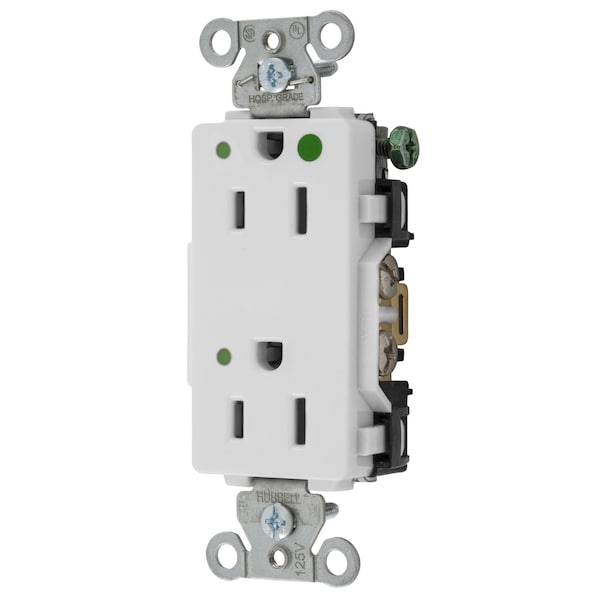 Hubbell Wiring Device-Kellems Straight Blade Devices, Decorator Duplex Receptacle, Hospital Grade, Hubbell-Pro, LED Indicator, 15A 125V, 2- Pole3-Wire Grounding, 5-15R, White - 2172WL