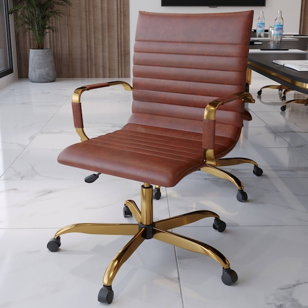 Leisuremod Harris Faux Leather Office Chair with Gold Frame, Dark Brown - HOG19DBRL