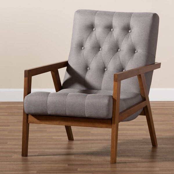 Baxton Studio Naeva Mid-Century Grey Upholstered Walnut Finished Wood Armchair - 160-9945