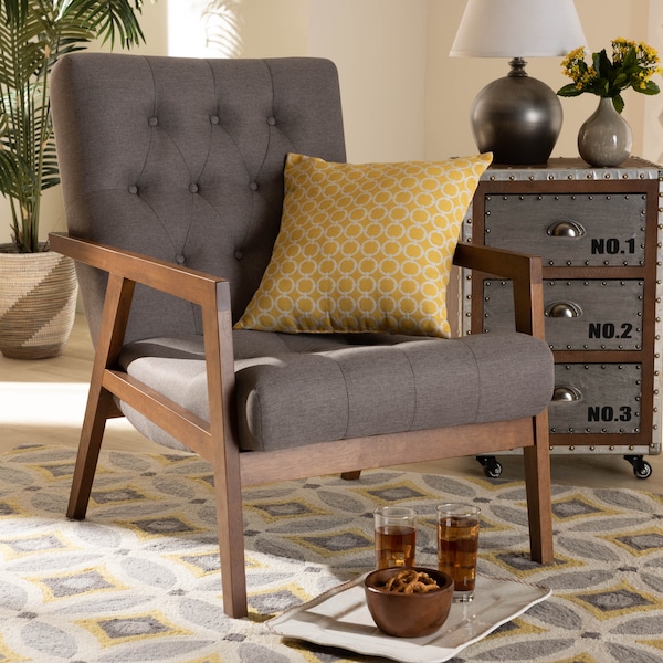 Baxton Studio Naeva Mid-Century Grey Upholstered Walnut Finished Wood Armchair - 160-9945