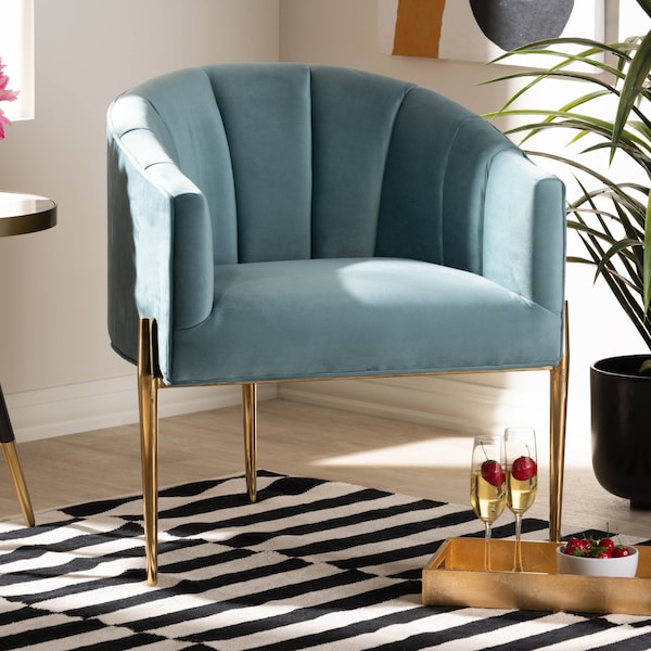 Baxton Studio Clarisse Light Blue Velvet Upholstered Gold Finished Chair - 157-9781