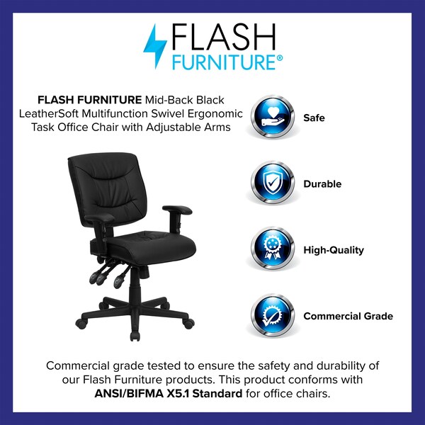 Flash Furniture Leather Contemporary Chair, 18-1/4" to 22-1/4", Adjustable Arms - GO-1574-BK-A-GG