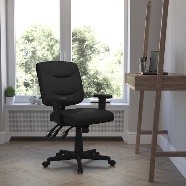 Flash Furniture Leather Contemporary Chair, 18-1/4" to 22-1/4", Adjustable Arms - GO-1574-BK-A-GG