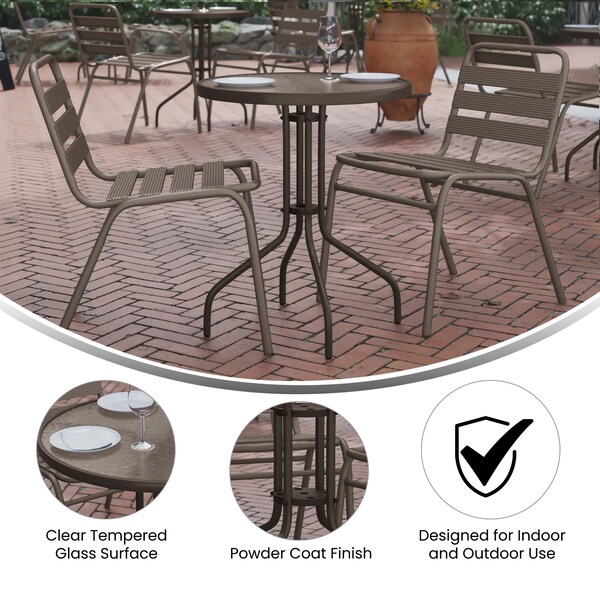 Flash Furniture Lila 23.75in Round Glass Top Metal Table with 2 Bronze Aluminum Slat Stack Chairs - TLH-071RD-017CBZ2-GG