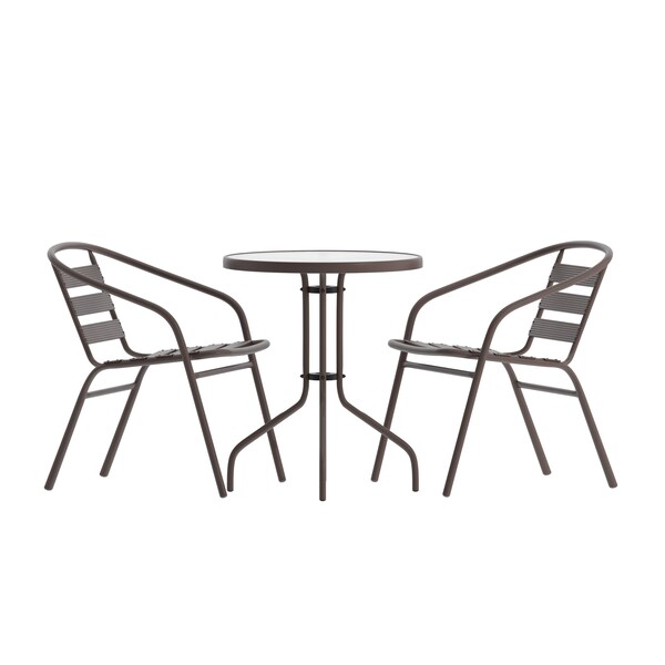 Flash Furniture Lila 23.75in Round Glass Top Metal Table with 2 Bronze Aluminum Slat Stack Chairs - TLH-071RD-017CBZ2-GG