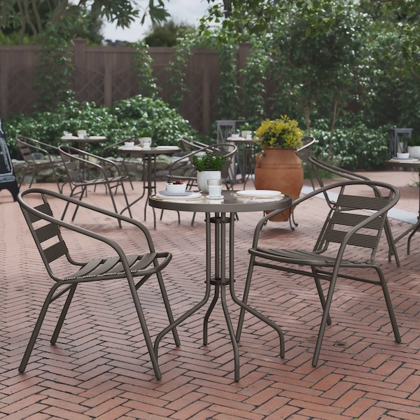Flash Furniture Lila 23.75in Round Glass Top Metal Table with 2 Bronze Aluminum Slat Stack Chairs - TLH-071RD-017CBZ2-GG