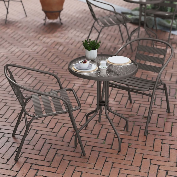 Flash Furniture Lila 23.75in Round Glass Top Metal Table with 2 Bronze Aluminum Slat Stack Chairs - TLH-071RD-017CBZ2-GG