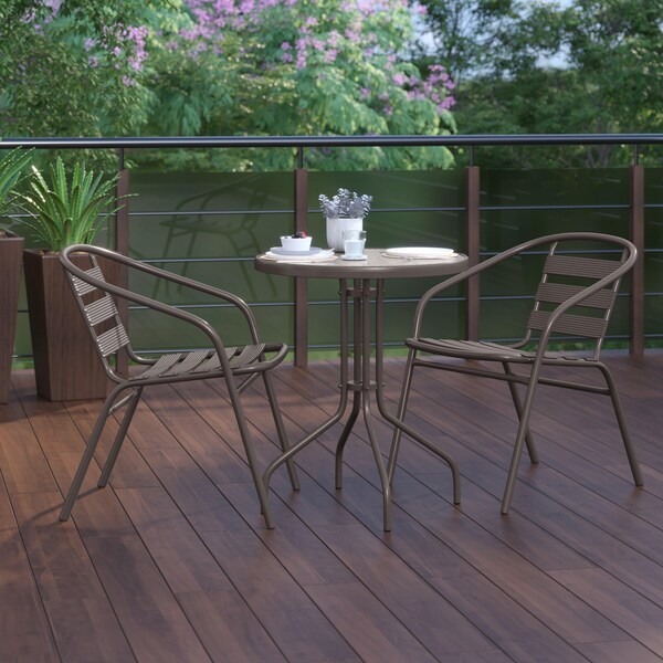 Flash Furniture Lila 23.75in Round Glass Top Metal Table with 2 Bronze Aluminum Slat Stack Chairs - TLH-071RD-017CBZ2-GG
