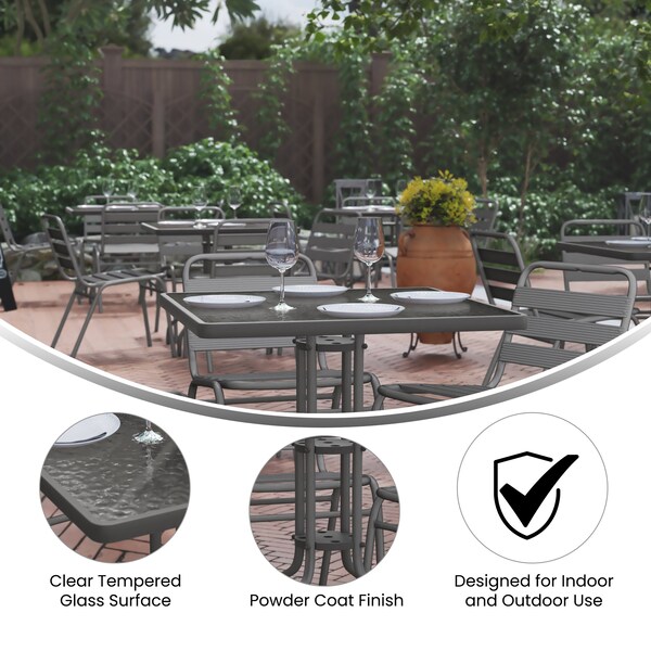 Flash Furniture Lila 31.5in Square Glass Top Metal Table with 4 Silver Aluminum Slat Stack Chairs - TLH-0732SQ-017CSV4-GG