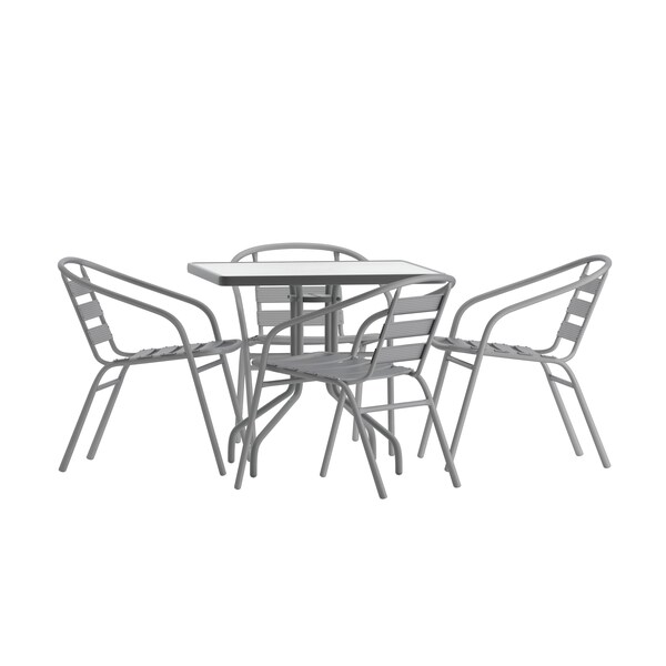 Flash Furniture Lila 31.5in Square Glass Top Metal Table with 4 Silver Aluminum Slat Stack Chairs - TLH-0732SQ-017CSV4-GG