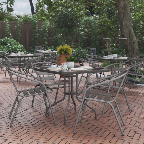 Flash Furniture Lila 31.5in Square Glass Top Metal Table with 4 Silver Aluminum Slat Stack Chairs - TLH-0732SQ-017CSV4-GG