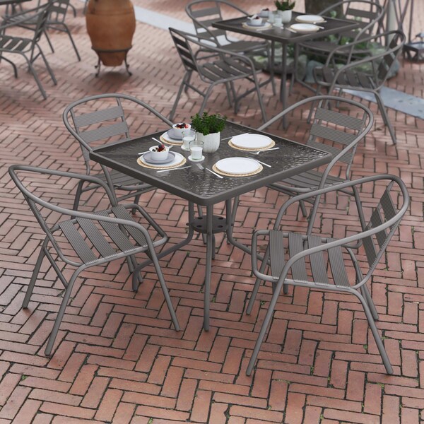 Flash Furniture Lila 31.5in Square Glass Top Metal Table with 4 Silver Aluminum Slat Stack Chairs - TLH-0732SQ-017CSV4-GG
