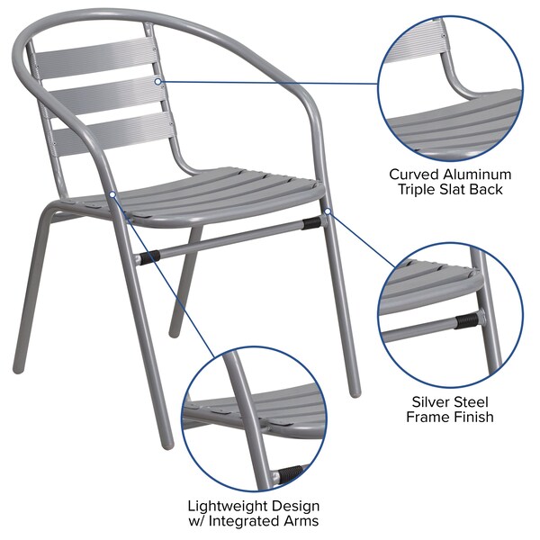 Flash Furniture Lila 31.5in Square Glass Top Metal Table with 4 Silver Aluminum Slat Stack Chairs - TLH-0732SQ-017CSV4-GG