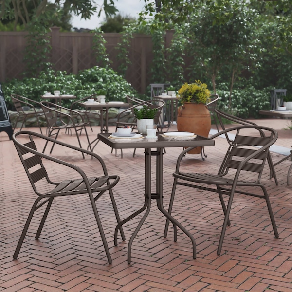Flash Furniture Lila 23.5in Square Glass Top Metal Table with 2 Bronze Aluminum Slat Stack Chairs - TLH-0731SQ-017CBZ2-GG