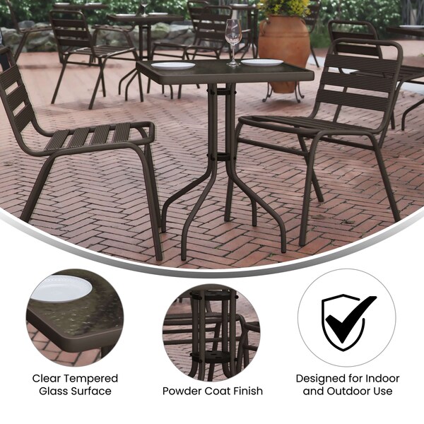 Flash Furniture Lila 23.5in Square Glass Top Metal Table with 2 Bronze Aluminum Slat Stack Chairs - TLH-0731SQ-017CBZ2-GG