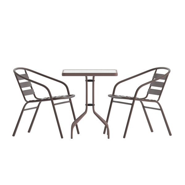 Flash Furniture Lila 23.5in Square Glass Top Metal Table with 2 Bronze Aluminum Slat Stack Chairs - TLH-0731SQ-017CBZ2-GG