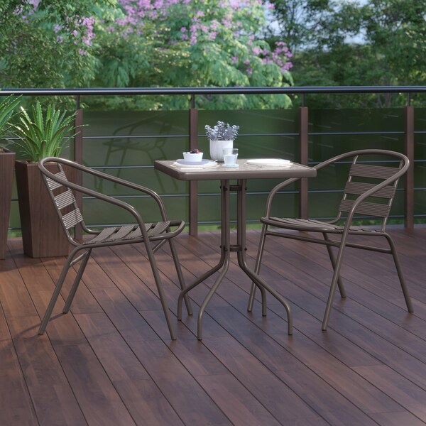 Flash Furniture Lila 23.5in Square Glass Top Metal Table with 2 Bronze Aluminum Slat Stack Chairs - TLH-0731SQ-017CBZ2-GG