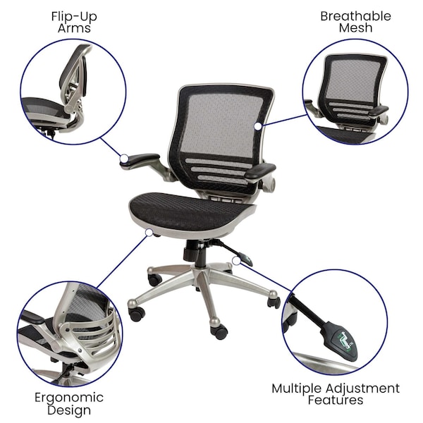 Flash Furniture Black Mid-Back Mesh Office Chair with Flip-Up Arms - BL-8801X-BK-GR-GG