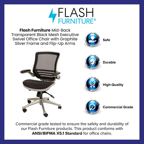 Flash Furniture Black Mid-Back Mesh Office Chair with Flip-Up Arms - BL-8801X-BK-GR-GG
