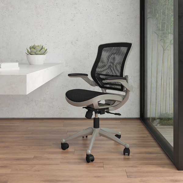Flash Furniture Black Mid-Back Mesh Office Chair with Flip-Up Arms - BL-8801X-BK-GR-GG